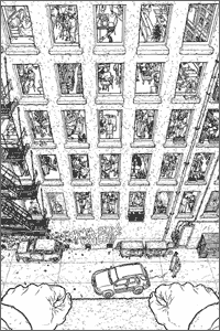 click here to see the original HARD LOOKS black and white cover drawing by Geof Darrow
