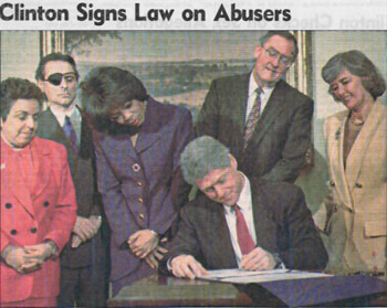 At the signing of the National Child Protection Act, President Clinton invited Oprah Winfrey, a supporter of the legislation, to speak.  Also attending were Health Secretary Donna E. Shalala and Andrew Vachss, an author and lawyer specializing in juvenile justice and child abuse.  Mr. Vachss suggested the bill while a guest on Ms. Winfrey's talk show.
